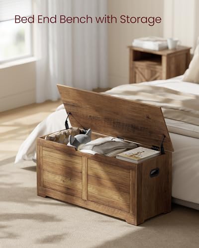 VASAGLE Storage Chest, Storage Bench with 2 Safety Hinges, Farmhouse Style, 15.7 x 39.4 x 18.3 Inches, for Entryway, Bedroom, Living Room, Honey Brown ULSB061K01 - color: Honey Brown, size: 39.4''W