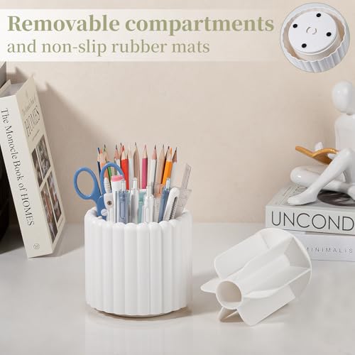 Anyoifax 360° Rotating Pen Holder 7 Slots Desk Organizer Removable Pencil Cup Plastic Art Supplies and Accessories Desktop Storage Box Caddy for Office, School, Home (White) - style: Stripe White
