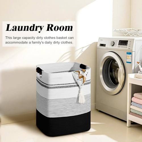 Laundry Hamper, 95L Tall Laundry Basket with Leather Handles, Rectangle Large Clothes Hamper for Organizing, Cotton Woven Laundry Baskets Storage Hampers for Bedroom, Nursery, Living Room - color: Black, size: 95L