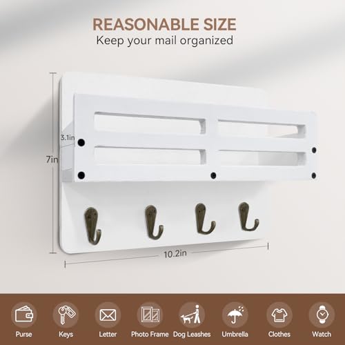 Key Holder Wall Mount Farmhouse Key Hooks for Wall with Mail Organizer Decorative Key Rack with 4 Sturdy Hooks for Dog Leash, Sunglasses, Rustic, Paulownia Key Hanger for Entryway - color: White, size: 10.2IN
