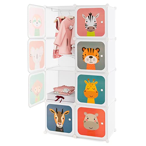 HONEY JOY Kids Wardrobe Closet, Baby Cartoon Clothes Storage Organizer, 8 Cubes & 2 Hanging Sections, Portable Children DIY Modular Bedroom Armoire Dresser Cabinet for Boys Girls (White) - color: White, size: 8-Cube