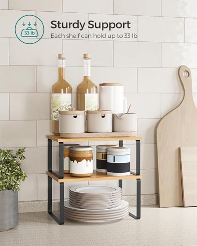 SONGMICS Cabinet Organizer Shelf, Set of 4 Kitchen Counter Shelves, Kitchen Storage, Spice Rack, Stackable, Expandable, Metal and Engineered Wood, Ink Black and Natural Beige UKCS10NB - color: Ink Black + Natural Beige, size: 11.7"W
