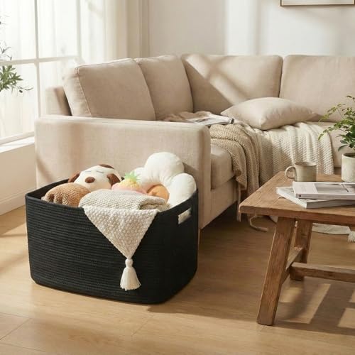 JMvicyroam Woven Blanket Basket,96L Large Storage Bin for Blankets Toys Clothes,Decorative Rope Basket for Living Room Bedroom with Handles, Black - color: Black, size: 96L