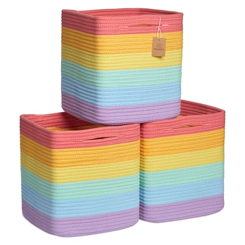 NaturalCozy Storage Cubes 11 Inch Cotton Rope Woven Baskets for Organizing, 3-Pack | Cube Storage Bin | Square Storage Baskets for Shelves Organizer, Classroom, Kids Toy Bins, Closet, Baby Nursery - color: Rainbow