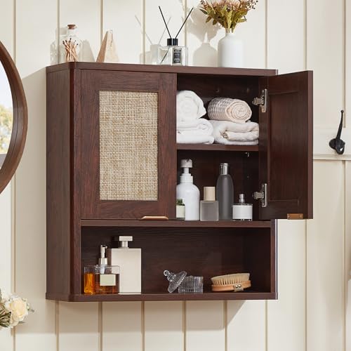 LEYAOYAO Rattan Bathroom Wall Cabinet, Boho Medicine Cabinet with Adjustable Shelf & Doors, Over The Toilet Storage Cabinets Organizer for Laundry Room, Kitchen, Living Room, Walnut - color: Walnut, size: 7.7"D×23.5"W×24"H