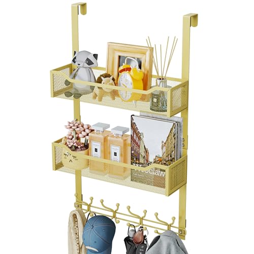 SWTYMIKI Over The Door Hooks Organizer - Multi-Functional Door Hanger with 16 Hooks & 2 Mesh Baskets, Long Coat Rack for Bathroom, Bedroom, Living Room, Home Storage Organizer, Gold - color: Gold