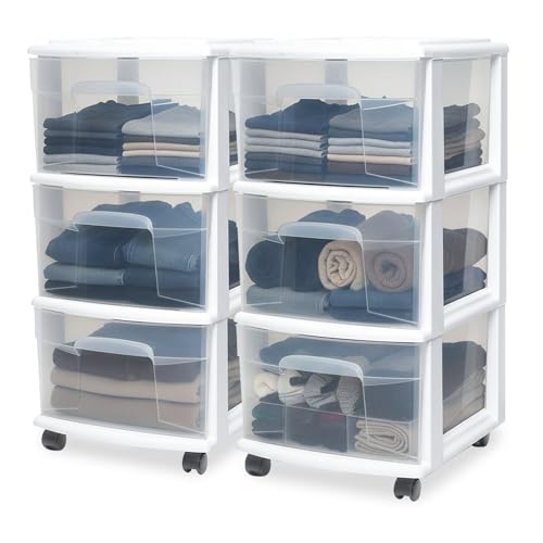 HOMZ 2-Pack Drawer Tower, 3-Tier Clear Plastic Storage Organizer Cart, White Frame - Organizing Containers with Wheels for Home, Bathroom, Bedroom, Office, and Classroom - color: White, size: 2 Pack