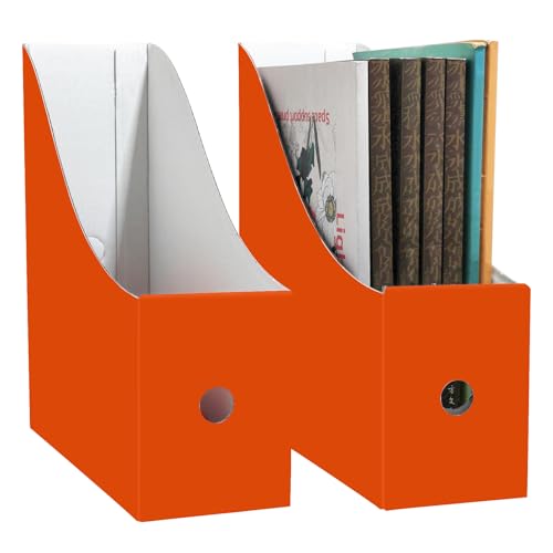 Limitliho 2 Pack Cardboard Magazine Storage Boxes, Vertical File Organizer Box for Desk or Shelves, Book Holder for Classroom,Office,Home(Orange-Red, 10.6" H x 10.2" L x 3.5" W in) - color: Orange-Red