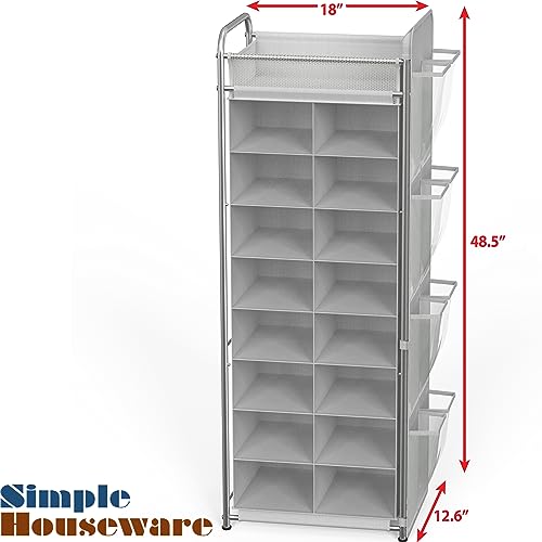 Simple Houseware 16 Cube Shoe Stand Tower Rack 8 Tier with Top Shelf and Side Hanging Pockets, Gray - color: Gray