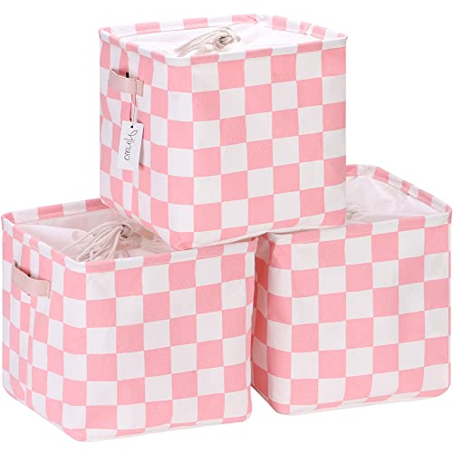 Hinwo 3-Pack Cubic Organizer Shelf Bins, Canvas Fabric Storage Baskets with Handles, 22L/5.8-Gal Square Storage Bins, Cubes, Collapsible Storage Box, 11 x 11 x 11 Inches (S, Pink Checkerboard) - color: Pink Checkerboard, size: S/11 x 11 x 11"/3-Pack