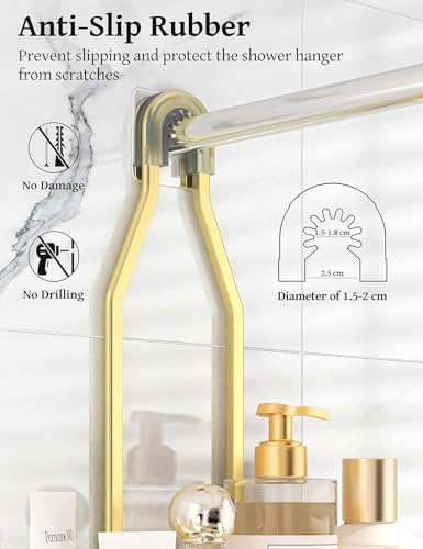 YASONIC Never-Rust Aluminum Hanging Shower Caddy – Over-the-Showerhead Organizer with 10 Hooks for Razor and Sponge – Includes Soap Basket – Gold - color: Gold