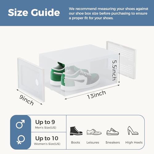 DUMOS Shoe Storage Boxes, 12-Pack Stackable Clear Shoe Containers with Lids, Display Sneaker Case Organizer for Closet, Under Bed, Entryway,White (Fit Size 9)