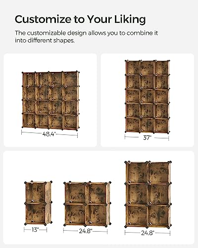 SONGMICS Cube Storage Organizer, Set of 16 Plastic Cubes, Closet Organizers and Storage, Room Organization, Bedroom Living Room, 12.2 x 48.4 x 48.4 Inches, Rustic Brown ULPC442A01 - color: Rustic Brown, size: 16 Cubes, style: without doors