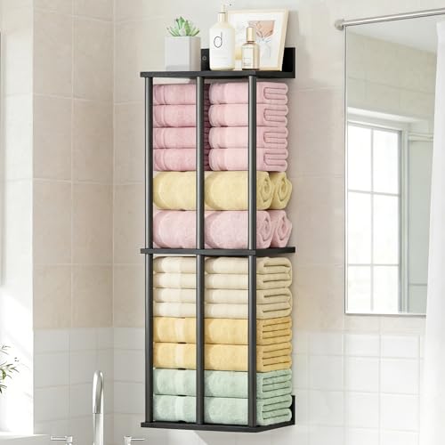 Towel Racks for Bathroom Wall Mounted with Shelf, Updated 3 Bar Bathroom Towel Holder Bath Storage Rack for Rolled Towel, Metal Small Bathrooms Towel Storage Rack, Black