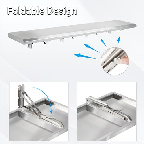 Concession Shelf Drop Down 12" x 48", Spliced Style Folding Concession Stand Shelf Commercial Grade Stainless Steel, Foldable Concession Shelves for Snack Bar, Food Cart, Movie Theater - size: 12" x 48"