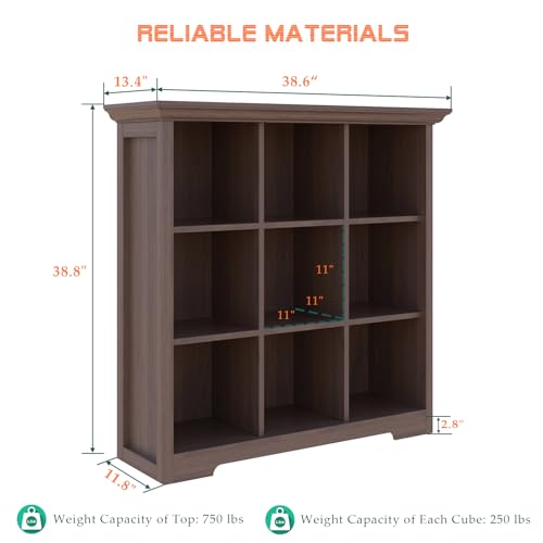 OSCHF Cube Shelf Bookcase with Base - Wooden 3 Tiers Floor Standing Low Storage Cabinet for Home and Office, 9-Cube Lattice Bookshelf, Walnut - color: Walnut, size: 9-Cube
