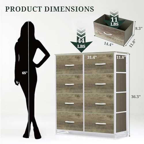 8-Drawer Dresser for Bedroom, Anti-Tip Tall Storage Organizer Chest of Drawers with Wooden Top and Metal Frame Fabric Bins for Closet, Living Room, Hallway, Entryway, Greige Oak - color: Greige Oak, size: 11.8"D x 31.4"W x 36.3"H (8 Drawers)