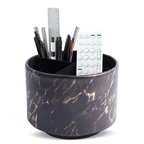 Round Leather Art Supply Organizer,Remote Control Holder,360-degree Rotating Pen Organizer with 4 Compartments(1-Marble Black Gold) - color: 1-Marble Black Gold