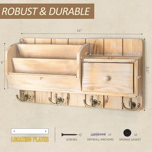 Rebee Vision Pine Wood Key Holder Wall Mount with Mail Sorter - Decorative Entryway Mail Organizer Wall Mounted with Key Hooks and Drawer Organizer - Home Essentials for Room Decor (Natural Wood) - color: Natural