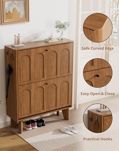 31.5" Shoe Storage Cabinet with 2 Flip Drawers, Narrow Shoe Cabinet for Entryway, Wood Shoe Rack Cabinet for Hallway, Walnut - color: Arched