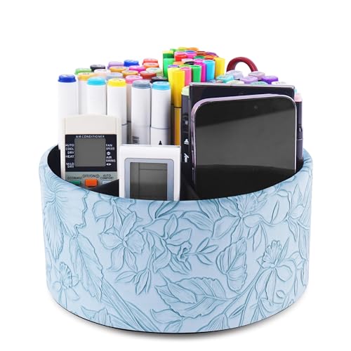 Hennaja Remote Control Holder, 360°Spinning PU Leather Desk TV Remote Caddy,Desk Storage Box Room Accessories for Controller, Media,Mail,Calculator, Mobile Phone,Pencil(1-Carved Blue) - color: 1-Big Carved Blue