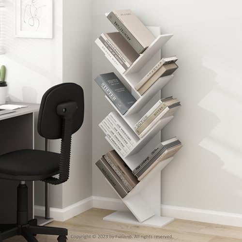 Furinno TREE Book Shelf, 9-Tier Bookshelf, Tree Bookcase with Angled Open Shelf, 8.4 x 15.7 x 50.9, for Room Decor, for Living Room, Bedroom, Home Office, White - color: White, size: 9-Tier Tree Bookcase
