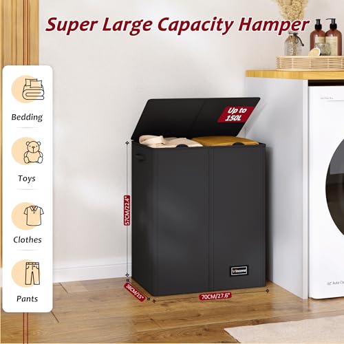 150L Laundry Hamper 2 Section, Large Laundry Hamper with Lid, Dirty Clothes Hamper with 2 Removable Inner Bags, Collapsible Laundry Basket Organizer for for Clothes Toys Towels, Hamper 2 Compartment - color: Black, size: 150L