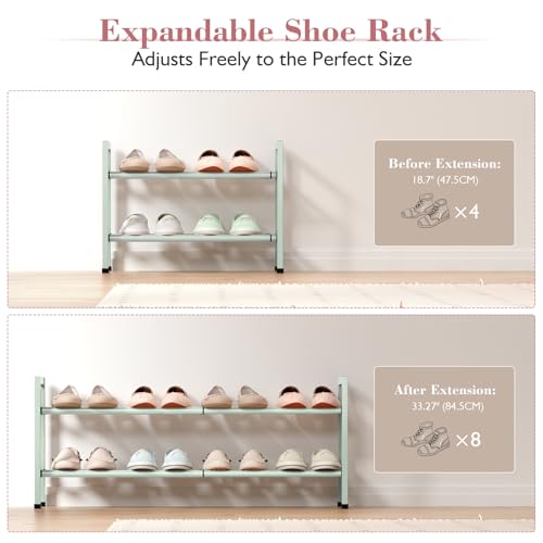 Bumusty 2-Tier Expandable Shoe Rack for Closet, 18“-33” Adjustable Shoe Rack for Small Space, Small Shoe Organizer for Front Door, Sturdy Metal, Green - color: Green, size: 2-Tier