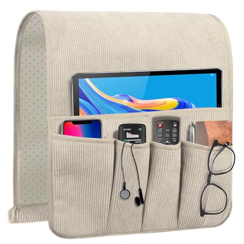 Couch Organizer Remote Control Holder Armchair Caddy, Anti Slip Corduroy Tv Remote Holder Couch Caddy with 5 Pockets for Storage Couch Accessories Bedside Organizer Senior Citizen Gifts - color: Beige