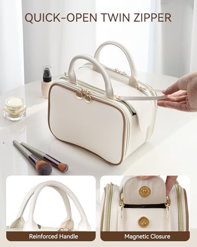 Prite Makeup Bag for Women, Large Capacity Waterproof Travel Cosmetic Organizer, Portable Open Flat Toiletry Bag with Free-standing Brush Holder and Handle(Beige Large) - color: Beige, size: Large