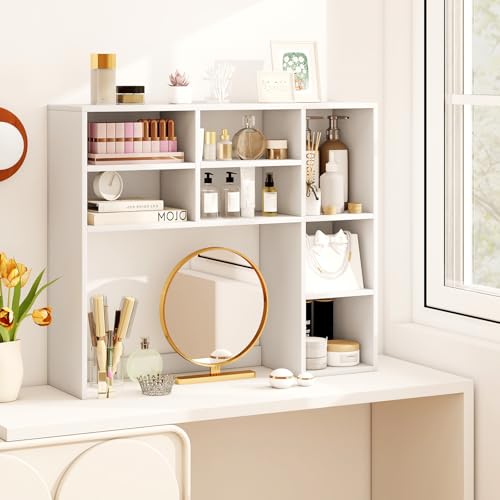 Tangkula Desktop Bookshelf, 37" Countertop Storage Hutch with 7 Cubes & 3 Adjustable Shelves, 3-Tier Desk Display Rack Organizer, Multipurpose Wood Desktop Hutch for Dorm Home Office (White) - color: White, size: 7 Shelves