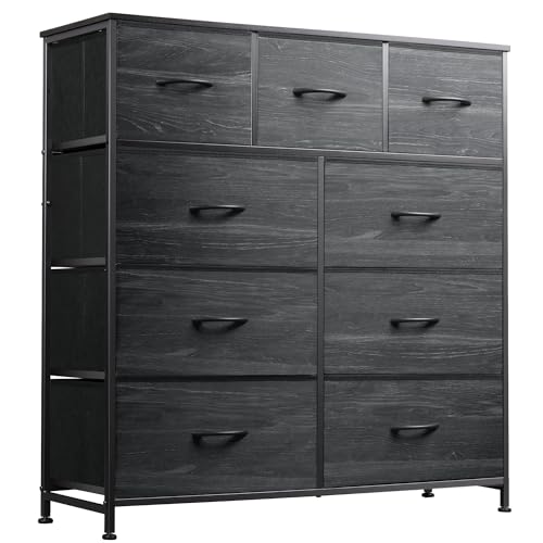 WLIVE 9-Drawer Dresser, Fabric Storage Tower for Bedroom, Entryway, Closet, Tall Chest Organizer Unit with Fabric Bins, Steel Frame, Wood Top, Easy Pull Handle, Charcoal Black Wood Grain Print - color: Charcoal Black Wood Grain Print