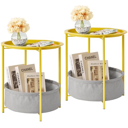 VECELO Round Side/End Table with Fabric Storage Basket，Metal Anti-Rust and Waterproof Small Bedside Nightstand with Removable Tray Top for Living Room，Balcony & Laundry，Yellow /2pcs with Basket - color: Yellow, size: 2 PCS with Basket