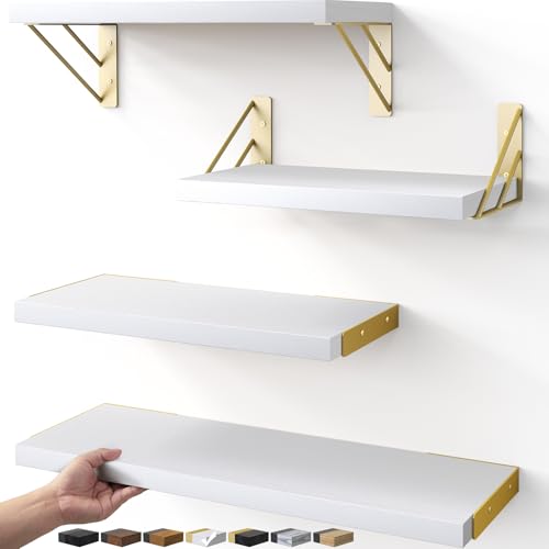 BAYKA Wall Shelves for Bedroom Decor, Floating Wall Shelf for Living Room Kitchen Storage, Mounted Rustic Wood Shelves for Kids Books, Christmas Decorations for Room(White and Gold，Set of 4) - color: B. White Board & Gold Brackets, size: 16-inch Mixed