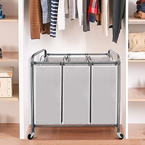 STO STO Laundry Sorter 3 Section, 3 Bag Clothes Hamper, Rolling Laundry Cart Basket with Heavy Duty Lockable Wheels and Removable Bag for Laundry Room, Bedroom, Closet, Gray - color: Gray, size: 3-Section
