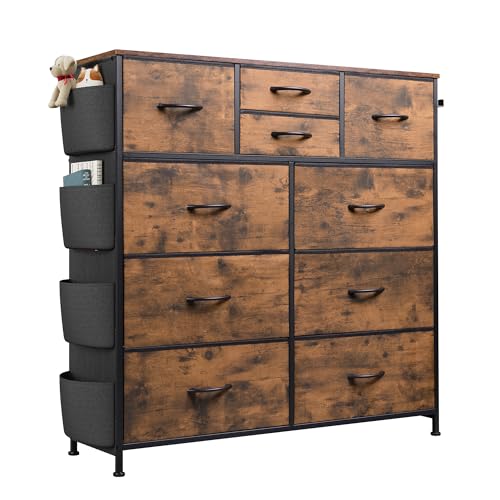 WLIVE Fabric Dresser for Bedroom with 10 Drawers, Chest of Drawers with Side Pockets and Hooks, Sturdy Metal Frame, Drawers Organizer Unit for Living Room, Hallway, Rustic Brown Wood Grain Print - color: Rustic Brown Wood Grain Print