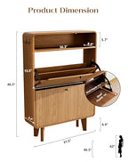 Fluted Shoe Cabinet with 2 Flip Drawers, Narrow Shoe Rack with Open Storage & Hooks, Freestanding Hidden Organizer Shoe Storage for Entryway, Hallway, Walnut