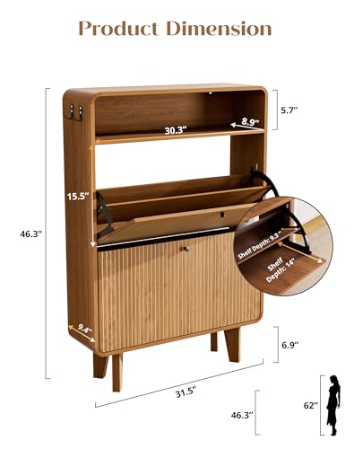 Fluted Shoe Cabinet with 2 Flip Drawers, Narrow Shoe Rack with Open Storage & Hooks, Freestanding Hidden Organizer Shoe Storage for Entryway, Hallway, Walnut