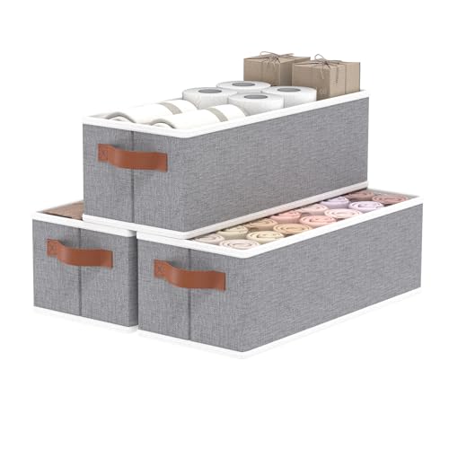 OUTBROS Storage Baskets, Foldable Bins for Shelves, Fabric Boxes With Handles, Wardrobe Organiser, For Bedrooms, Living Rooms, Grey, 15 x 6.1 x 5.1 inch, 3-Pack - color: Grey, size: 15x6.1x5.1in(3-Pack）