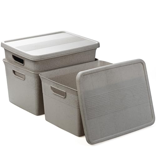 BINO | Plastic Storage Bins with Lids, 22 Liter - 3 Pack, Natural Grey | THE BRAIDED COLLECTION | Plastic Bins for Organization Woven Storage Baskets for Organizing Pantry Shelf Organizer Basket Bin - color: Natural Grey, size: 22L | 3-Pack