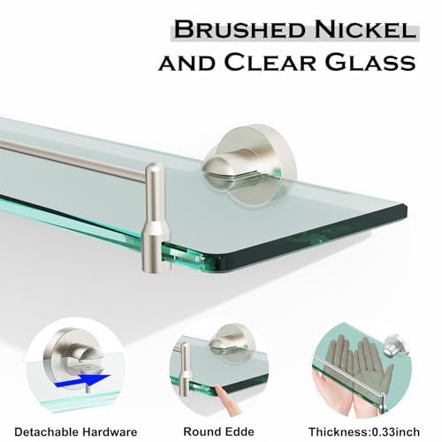 24 Inch Glass Bathroom Shelves,Brushed Nickel Floating Shelves for Wall Rectangular Modern Stainless Steel Glass Shelf for Bathroom Shelves Wall Mounted - color: Brushed Nickel, size: 24"with railing