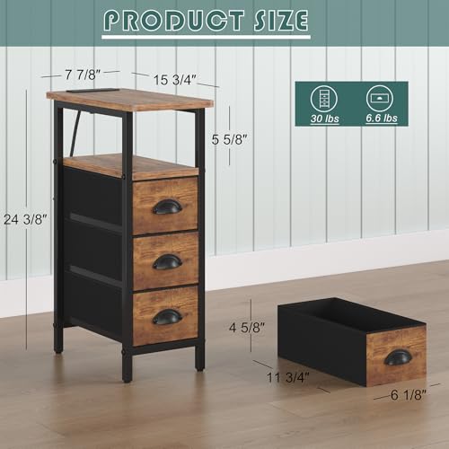 sthmec End Table with Charging Station,Narrow Side Tables with USB Ports and Outlets,Skinny Bedside Tables with 3 Drawers,Small Nightstands for Small Space,Slim Sofa Table for Livingroom,Rustic Brown - color: Rustic Brown, size: 7.88'' W*15.75'' D*24.3''