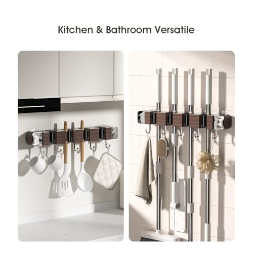 Suction Cup No Drilling Broom Holder Wall Mount, Walnut Color Mop Organizer Wall Hanging, 4 Racks 5 Hooks Tool Organizer Hanger Self Adhesive for Home, Garage, Garden, Laundry, Kitchen