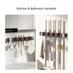 Suction Cup No Drilling Broom Holder Wall Mount, Walnut Color Mop Organizer Wall Hanging, 4 Racks 5 Hooks Tool Organizer Hanger Self Adhesive for Home, Garage, Garden, Laundry, Kitchen