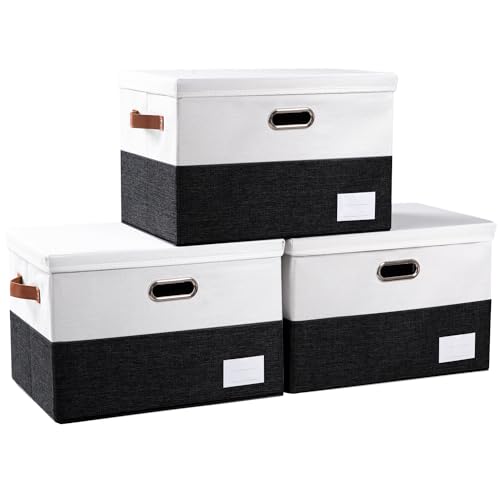 PRANDOM Foldable Storage Bins with Lids [3-Pack] Fabric Collapsible Storage Boxes Baskets Cubes Containers with Handles for Closet Living Room Bedroom (Black & White 17.7x11.8x11.8'') - color: Black & White, size: L(3-Pack)