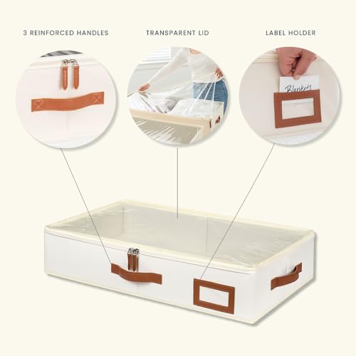OrganiHaus Under Bed Storage Containers, Bedroom Storage and Organization Bins, Clothes Organizer for Closet with Clear Cover and Reinforced Handles - Set of 2 33x17x6 inches Off-White - color: Off-White