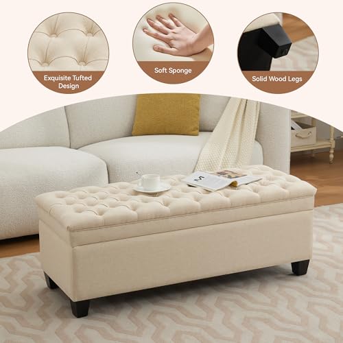 WUTUTUEE 51" Fabric Storage Ottoman Bench, Upholstered Rectangle End of Bed Storage Ottoman Tufted Living Room Bedroom Bench with Safety Hinge, Solid Wood Legs, Loads 500 lb(Khaki) - color: Khaki-fabric