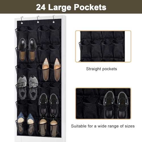 Over The Door Shoe Organizer with 24 Large Breathable Mesh Pockets, Space-Saving Hanging Storage Holder for Shoes & Accessories, Adjustable Hooks for Hanging Door Shoe Holder Rack(Black)