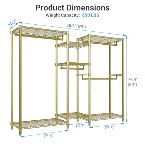 VIPEK Classic V6 Wire Garment Rack Heavy Duty Clothes Rack with 7 Adjustable Shelves & 4 Hanging Rods, Compact DIY Metal Clothing Racks 68.9" L x 15.7" W x 76.4" H, Max Load 840LBS, Gold - color: Gold, size: Classic V6 Standard