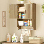 TEENFON Fluted Bathroom Wall Cabinet with Adjustable Shelves and Towel Rack, Wall Mounted Over The Toilet Storage Organizer for Bathroom, Living Room, Natural - color: Natural-22"h